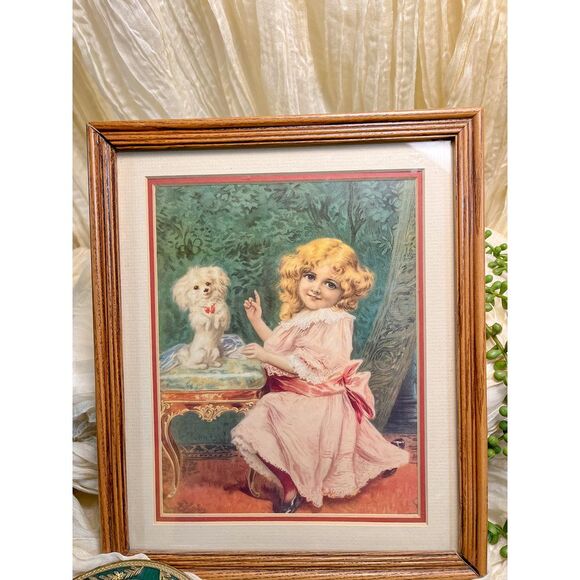 Vintage Framed Girl & Puppy Art Lithograph - Picture 1 of 2